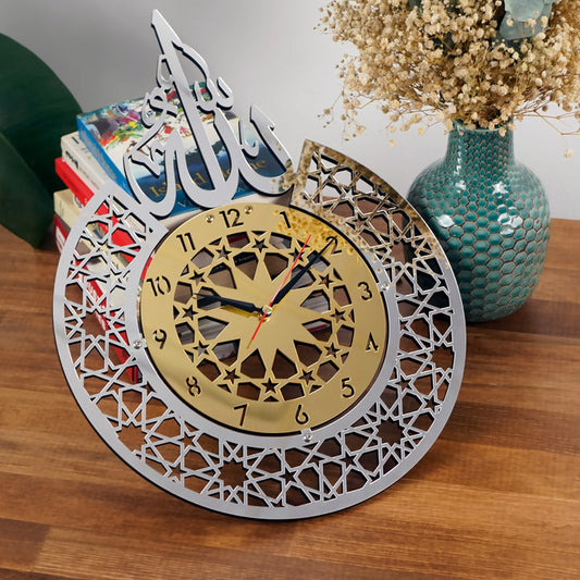 Allah (SWT) Name Islamic Wall Clock with classic numbers – elegant black and gold Arabic calligraphy wall decor
