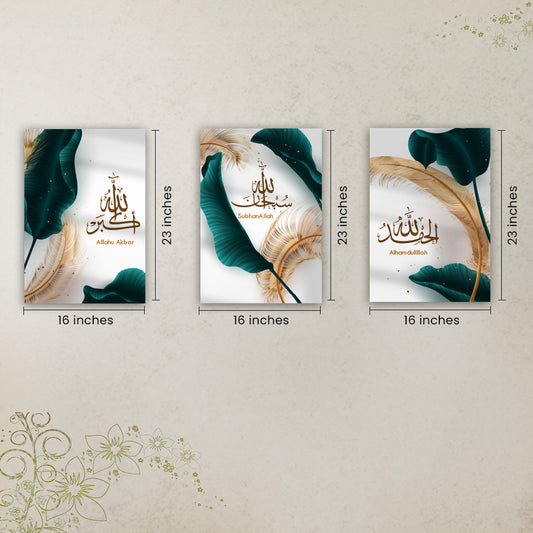 Three wall art prints with floral designs and text on a beige background