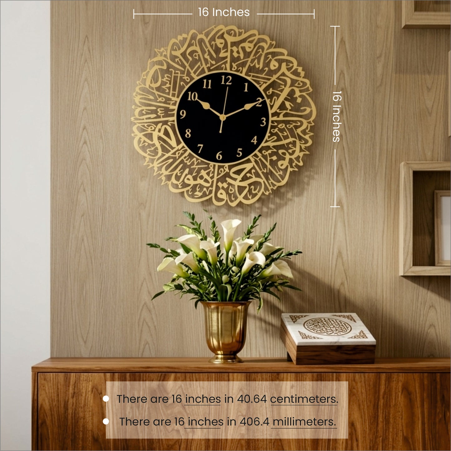 Surah Al-Ikhlas Black & Gold Acrylic Islamic Wall Clock – Premium Arabic Calligraphy Design