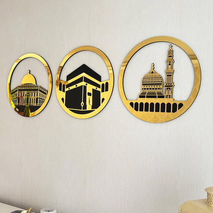 Al Aqsa Mosque, Kaaba, and Masjid An-Nabawi Islamic Wall Art Set of 3