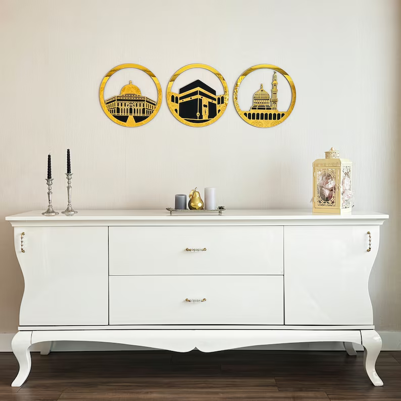 Al Aqsa Mosque, Kaaba, and Masjid An-Nabawi Islamic Wall Art Set of 3

Adorn your living space with this exquisite set of three Islamic wall art pieces, showcasing the revered Al Aqsa Mosque, Kaaba, and Masjid An-Nabawi. Each piece is meticulously designed to reflect the spiritual essence of these holy sites, making it a meaningful addition to any Muslim home.