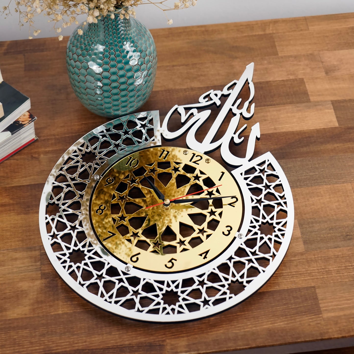 Allah (SWT) Name Islamic Wall Clock with classic numbers – elegant black and gold Arabic calligraphy wall decor