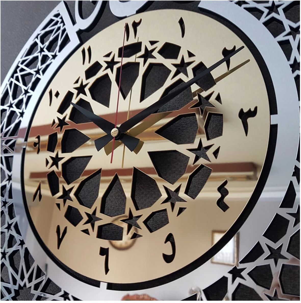 Enhance your living space with the a perfect fusion of faith and functionality. This elegantly designed wall clock features the revered name of Allah (SWT) in Arabic calligraphy, serving as both a timepiece and a spiritual centerpiece for your home.
