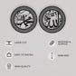 Two circular decorative items with Arabic text on a gray background, featuring icons and text about laser cut, wooden & acrylic, easy installation, and high quality.