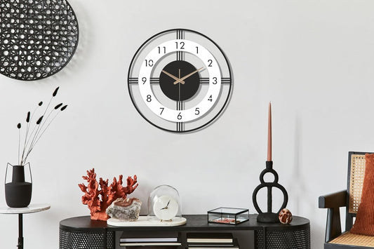 Large metal wall clock inspired by mid century modern design for living room decor