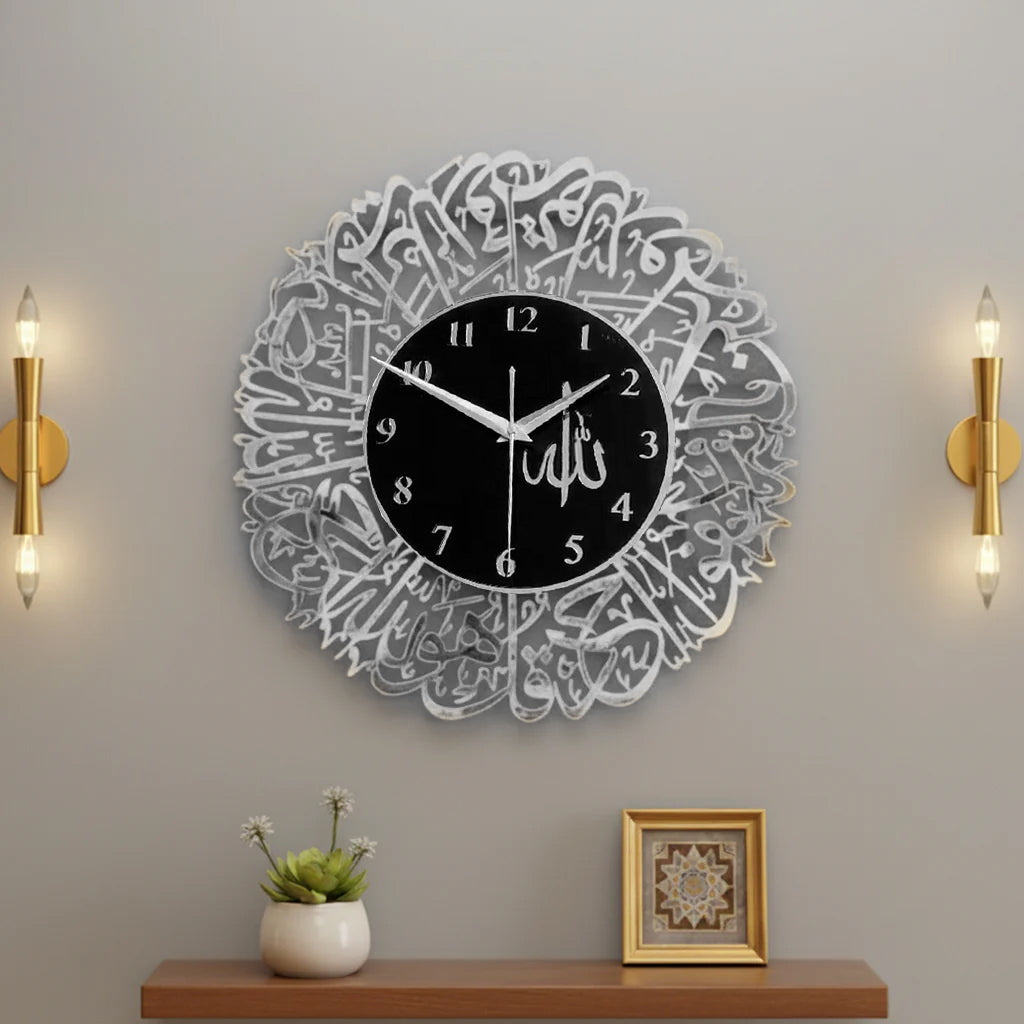 Bring elegance and spirituality to your home with this Surah Al-Ikhlas With Allah Acrylic Islamic Wall Clock – Premium Arabic Calligraphy Design. Designed with layered acrylic in a premium finish, this clock combines modern craftsmanship with timeless Arabic calligraphy.