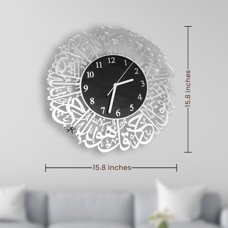 Decorative wall clock with measurements on a light gray background