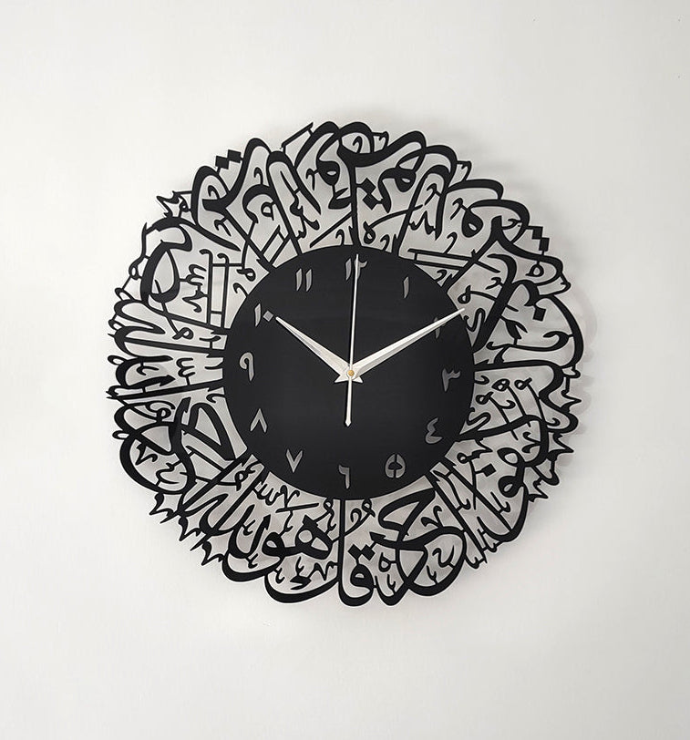Bring elegance and spirituality to your home with this Surah Al-Ikhlas Black Acrylic Islamic Wall Clock. Designed with layered acrylic in a premium finish, this clock combines modern craftsmanship with timeless Arabic calligraphy.